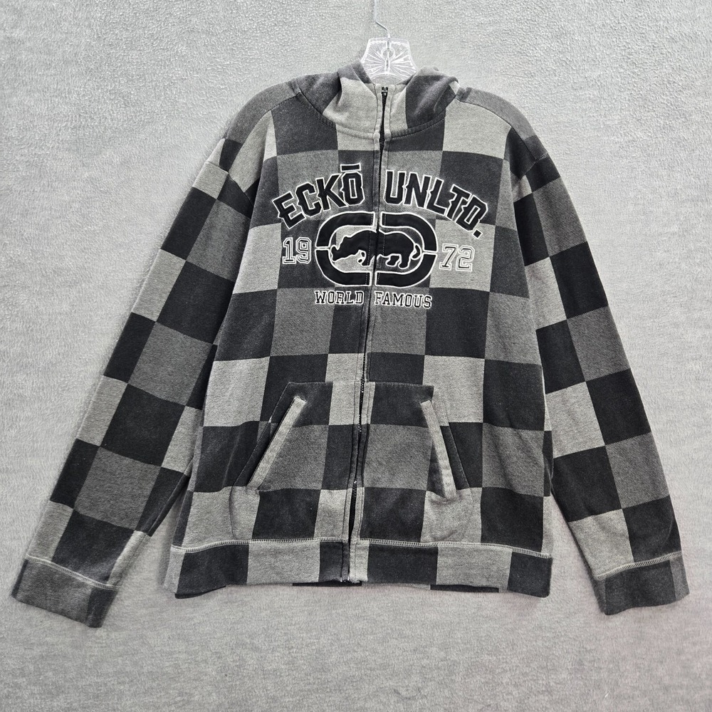 Ecko Unltd Men Sweatshirt L Gray Check Hooded Logo Hip Hop Streetwear Y2K READ